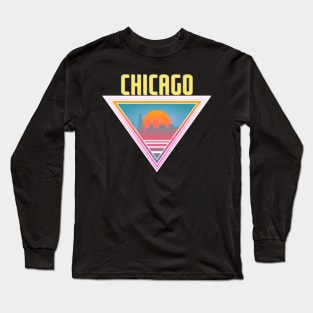 Chicago City Skyline Silhouette Sunrise Retro 80's / 90's Vaporwave Aesthetics - Bright Vintage Design For Sunny Summer Days Long Sleeve T-Shirt